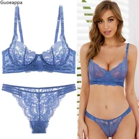 women sexy transparent bra and panty set soft floral lace underwear underwire push up sheer see through lingerie set large size