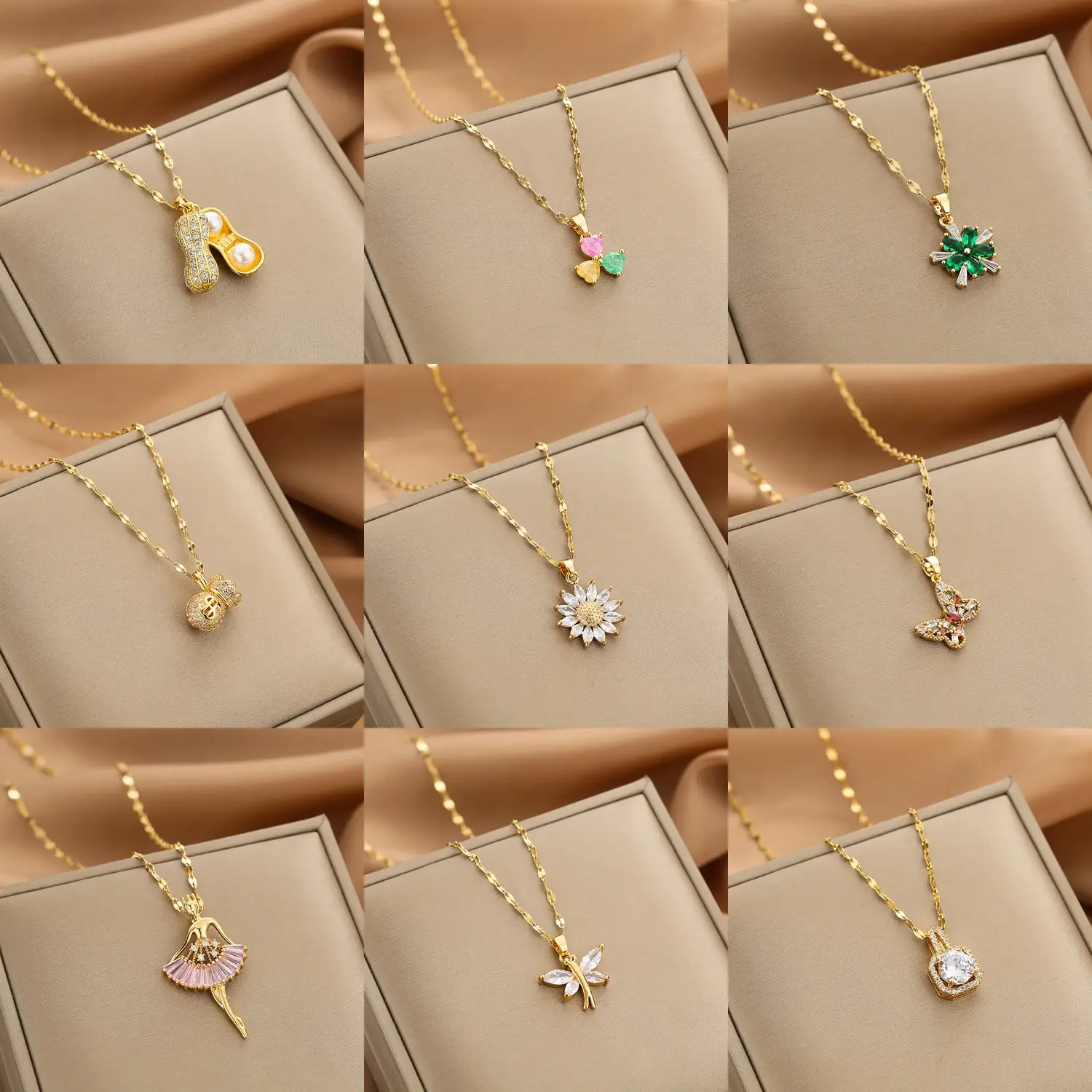 

Gold Necklace for Women Zircon Jewelry Pendant Necklace Titanium Steel Peanut Mermaid Heart Butterfly Stainless Steel Sunflower