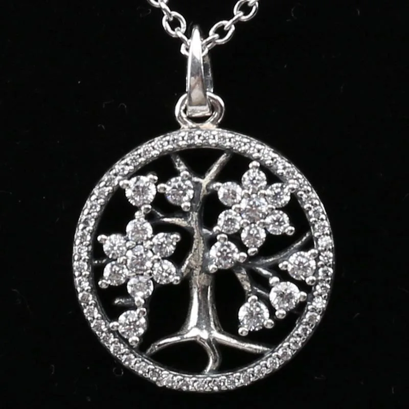 

New 925 Sterling Silver Sparkling Family Tree With Crystal Chain Necklace Fit Fashion Original Bead Charm Bracelet Diy Jewelry