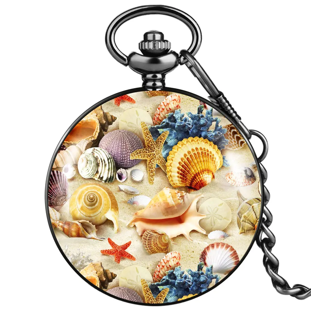 

High-end White Dial Beach Shell Starfish Coral Quartz Pocket Watch Portable Smooth Clamshell Case Boy Girl Pendant Hot Sale