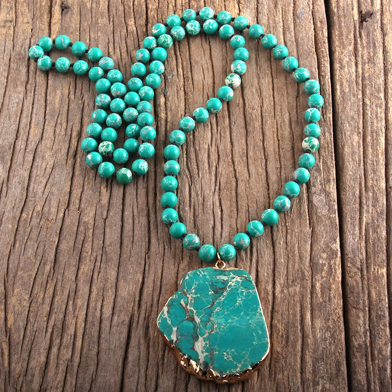 MD Fashion Boho Jewelry Blue Green Stone Long Knotted Stone Pendant Necklaces Women Necklace Gift Dropship