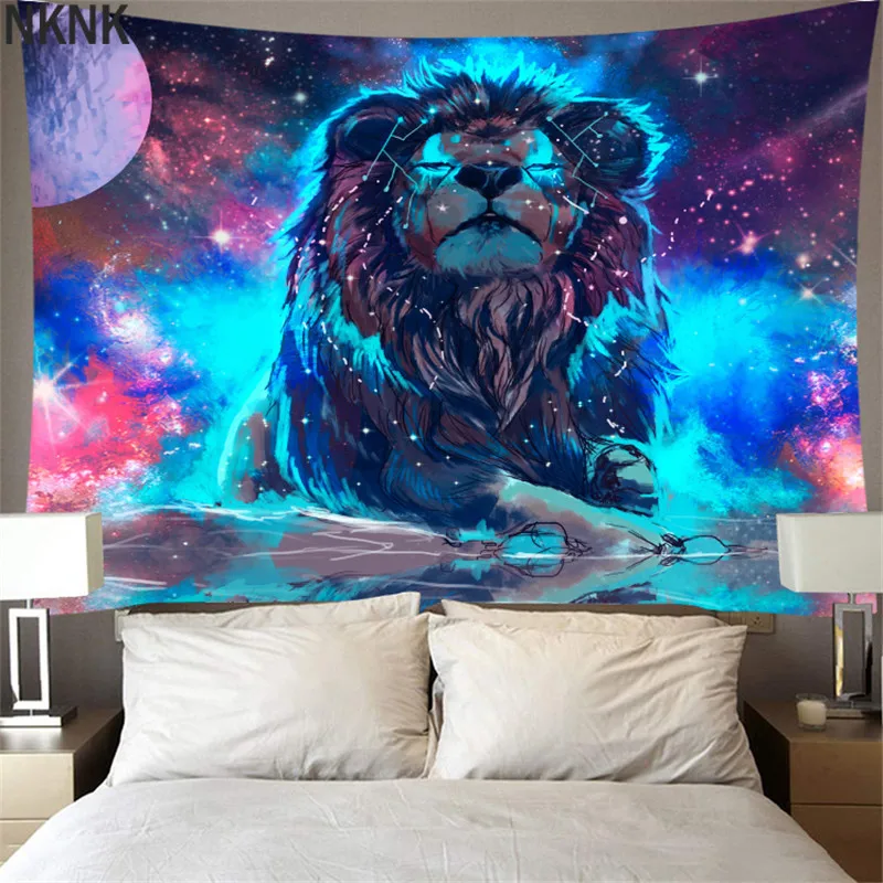 

AU Tapestry Wall Hanging Polyester Lion Moon Pattern Blanket Tapestry Home Decor Starry Print Tapestry