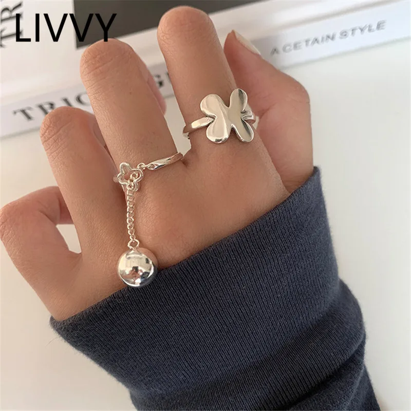 

LIVVY Silver Color Three-dimensional Ball Drop Pendant Ring Female Fashion Unique Design Simple Wholesale 2021 Trend