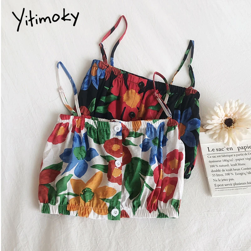 

Yitimoky Floral Spaghetti Strap Tank Top Women New Fashion Sexy Contrast Color Button Up Wrap Chest Vintage Crop Top Summer 2021