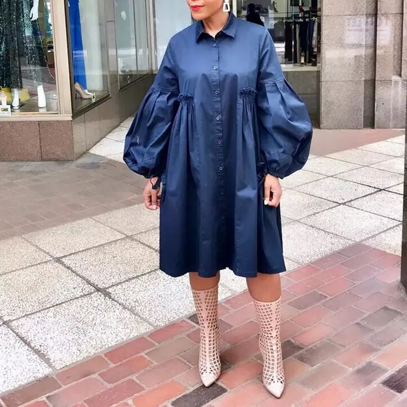 Женское осеннее Повседневное платье рубашка с длинным рукавом и фонариком