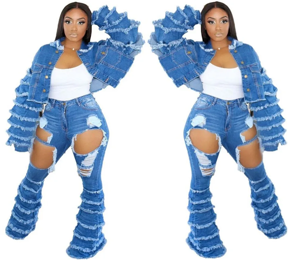 

Newest Women Denim Coats Autumn Fashion Female's Multi Layers Flare Sleeve Lapel Neck Single Breasted Short Jackets Streetwear