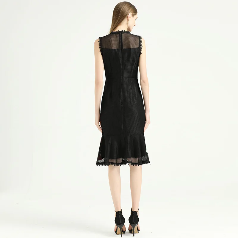 

Plaid Mesh round Neck Lace Embroidered Sleeveless Mid-Length Slim Casual Dress Summer New Women's