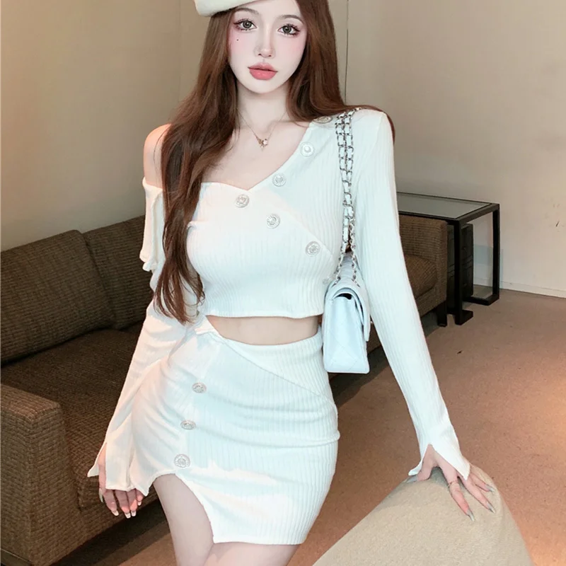 

WOMENGAGA V Neck Sweater Tops Hot Sexy Korean Women + Mini Short Skirts Two-piece Suit Set Irregular Fashion White 1P75