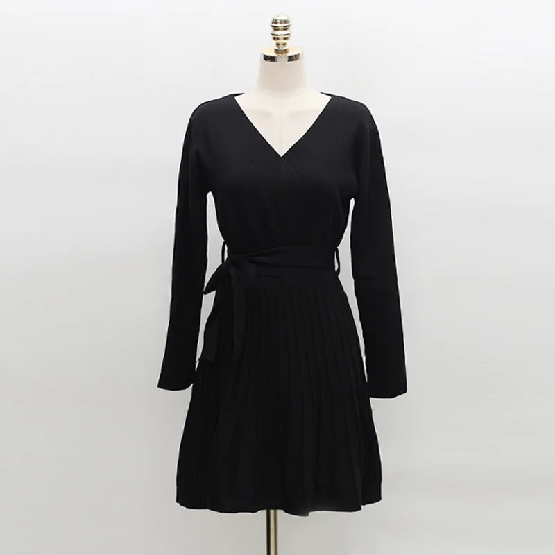 

One-Piece Bandage Sweater Dress 2020 Autumn New V-Neck Korean Chic Waist Sukienka Knit Dresses Women A Line Ladies Vestidos Robe