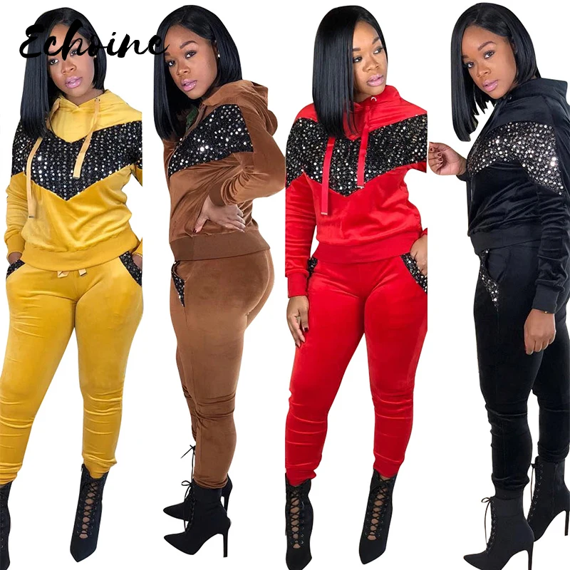 Women Fall Winter Velvet Hooded Long Sleeve Hot Drilling Rhinestone Sweatshirts Pencil Pants Two Pieces Sets Tracksuits Outfits |