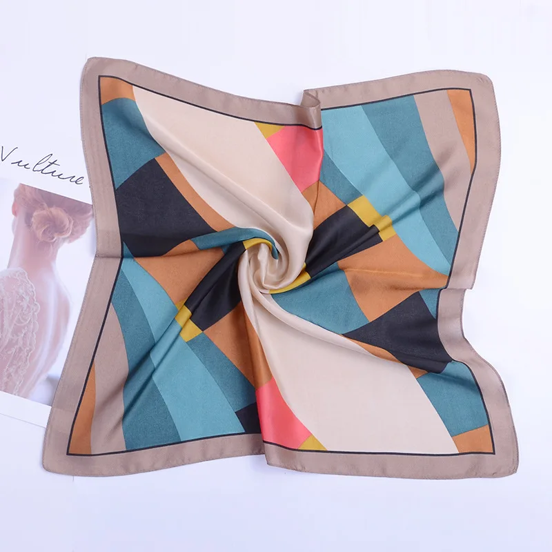 

2020 53x53 Geometry Print Air hostess Print women Silk twill scarf Satin square tie ladies foulard femme towel bufanda shawl