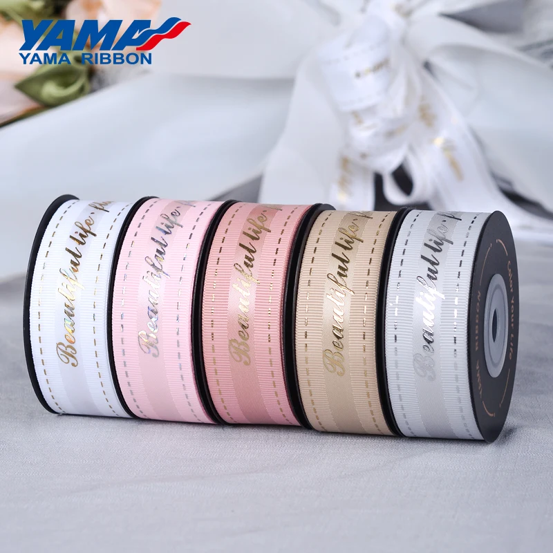 

YAMA Ribbon 10yards/roll 25mm Gold Foil Printed Grosgrain Edge Satin Ribbons for Craft Supplies Wedding Gift DIY Decoration