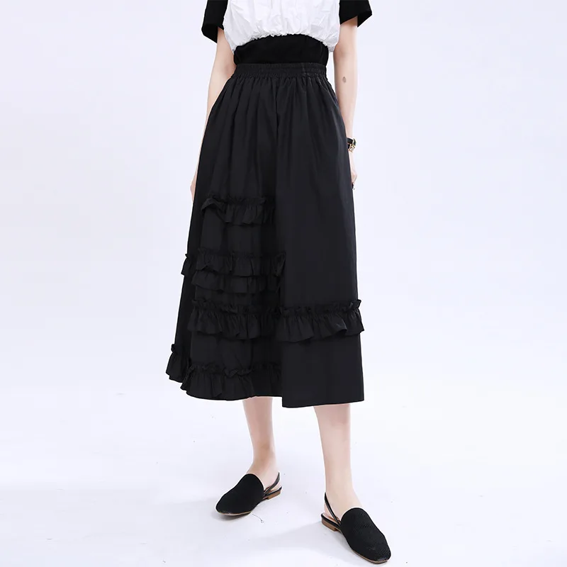

2020 Summer Fresh Layered Wooden Ear Cotton Elastic Waist over the Knee Skirt Female Black/White