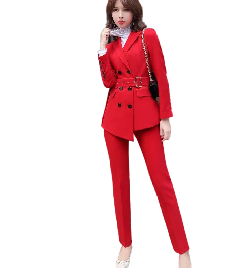 Womens Black Red Office Work Suits Double Breasted Blazer with Pants Sets 2 Pieces Belt Jacket and Pants Business Trousers Suite