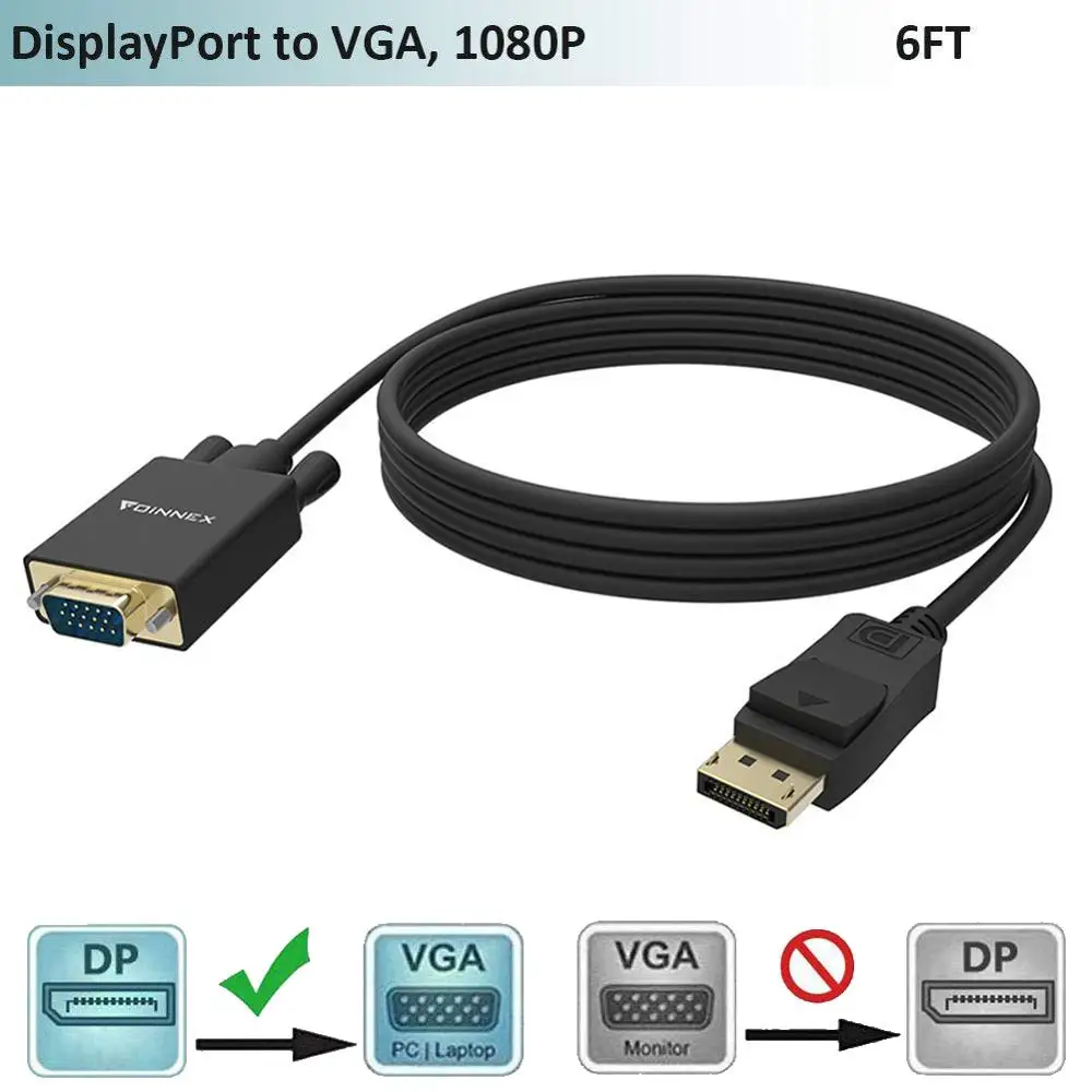 Кабель FOINNEX DP в VGA, порт дисплея в кабель монитора VGA 6 футов, штекер дисплея в VGA штекер адаптера Кабель FOINNEX DP в VGA, порт дисплея в кабель монитора VGA 6 футов, штекер дисплея в VGA штекер адаптера