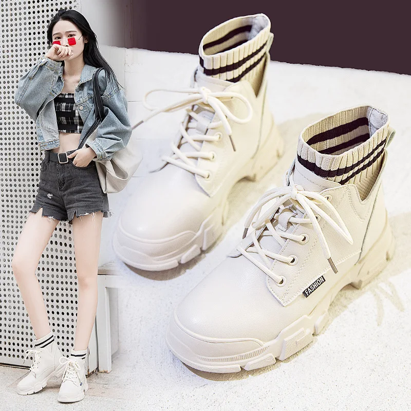 

Motorcycle Boots Women Boots PU Plus Velvet Round Shape Waterproof and Nonslip Thick Bottom Increase Lace Ladies Casual Boots