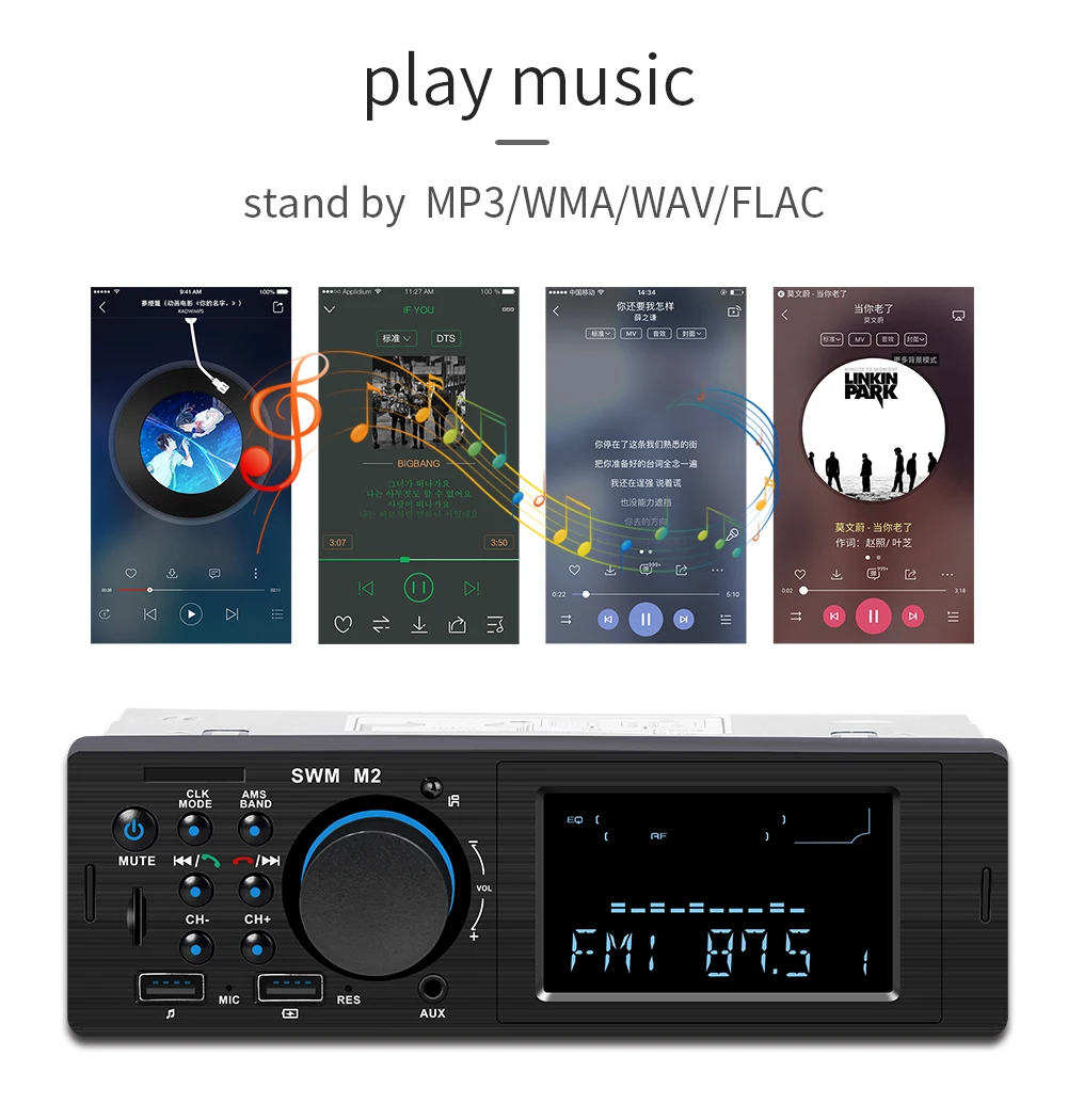 1din M2 автомобильный стерео MP3 музыкальный плеер fm-радио Bluetooth 4 0 TF AUX Dual USB зарядка