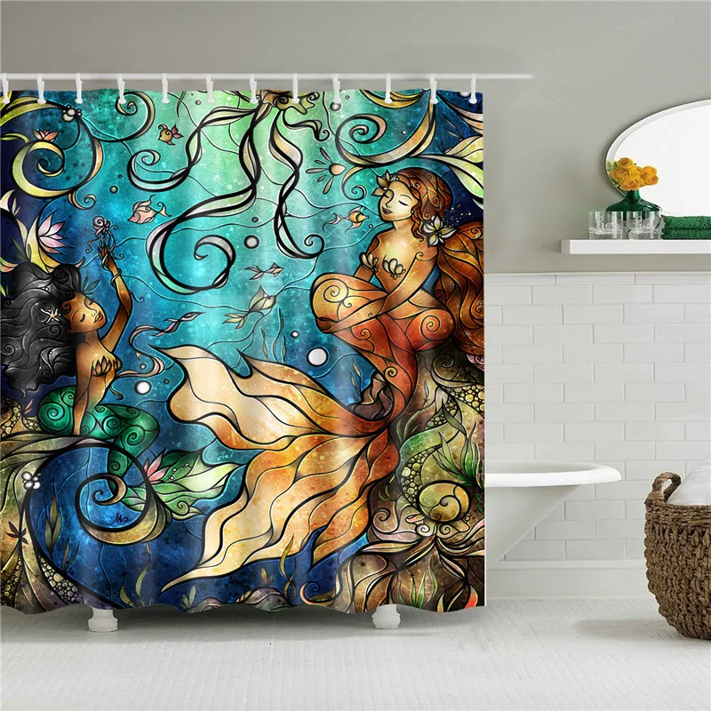 

Mermaid Shower Curtain Eco-friendly Cartoon Prints Polyester With Hooks High Quality Washable Bath Decor Shower Curtains