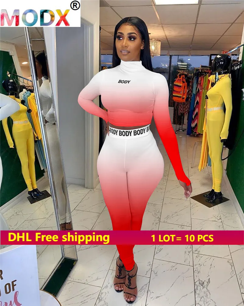 

Women Gradient Outfits Spring Fall Casual Two Piece Pants Sports Tracksuits Long Sleeve Shirts+leggings Latter Sportswear 3762