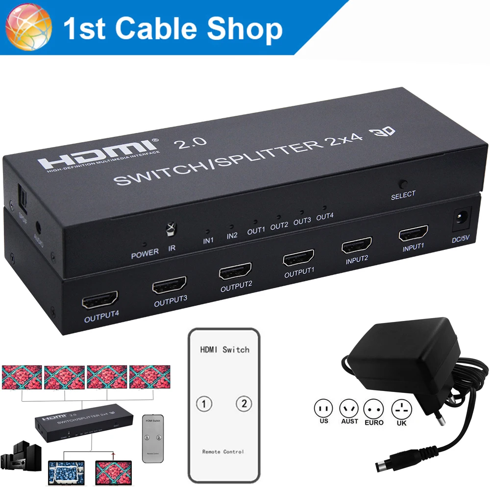 4K HDMI 2,0 коммутатор 2X4 сплиттер с HDMI 2,0 аудио экстрактор сплиттер функции HDMI 2 в 4 выход переключатель сплиттер