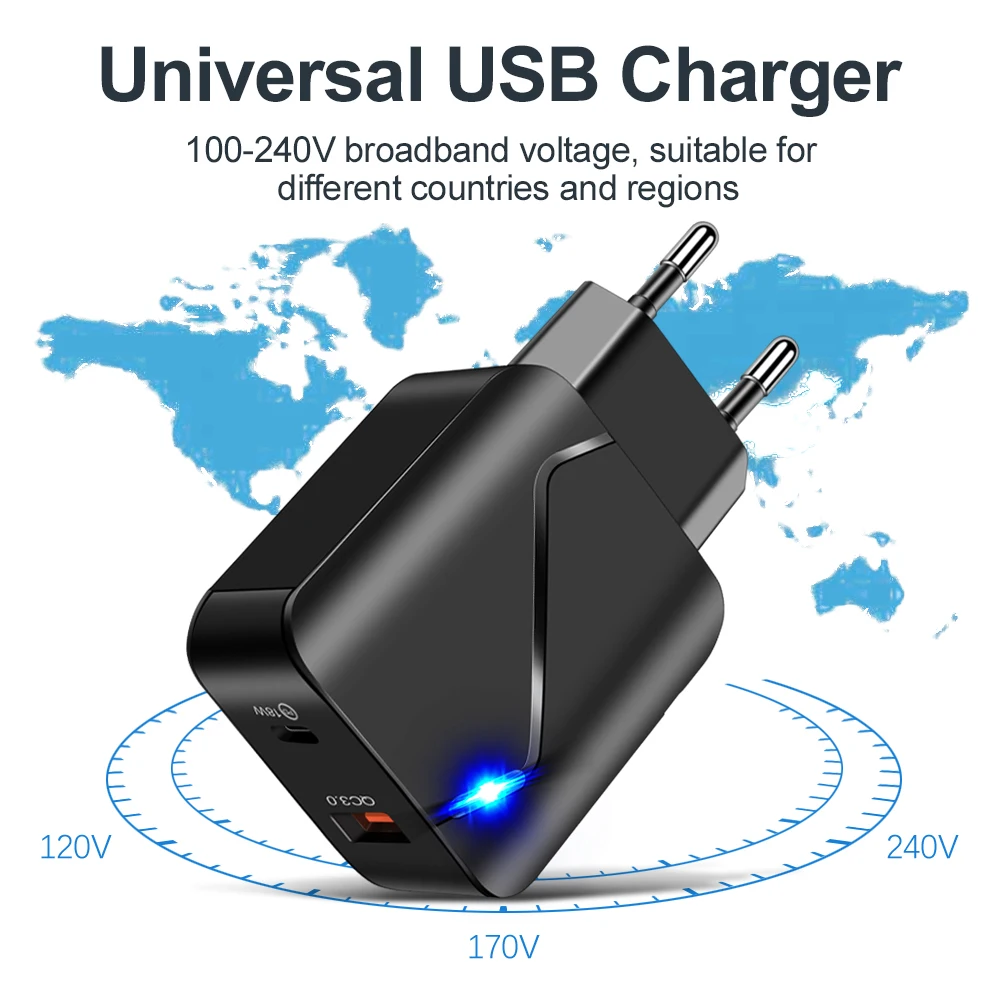 

18W PD USB Charger Quick Charge 3.0 Type C Fast Wall Charging for iPhone 12 11 Pro USB-Charger QC 4.0 3.0 Phone Chargers Adapter