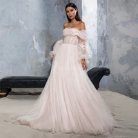 boat neck soft tulle off the shoulder wedding dresses for bridel party floor length a line full sleeve bridal gowns court train