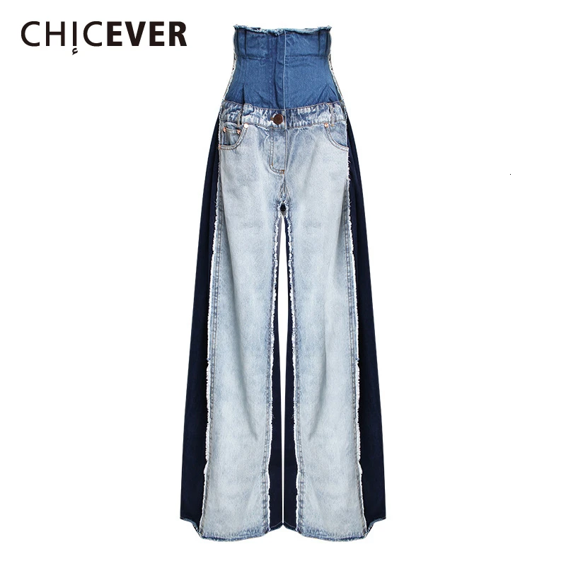 

CHICEVER Casual Denim Patchwork Women Trousers High Waist Hit Color Large Size Wide Leg Pants Female Fashion Autumn 2020 New