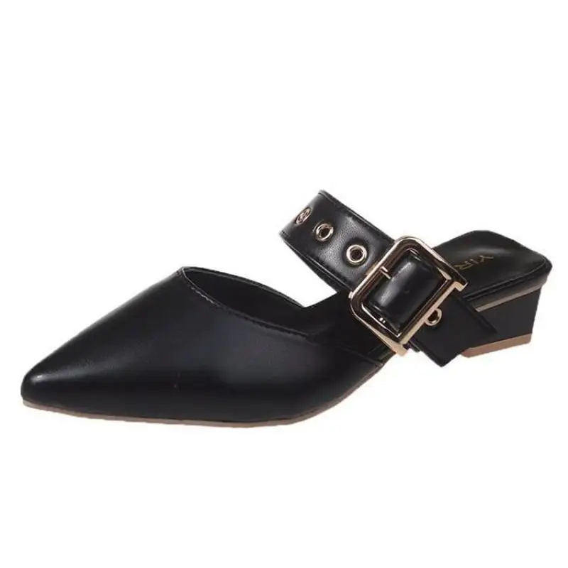 

Women Slippers Belt Decoration Slides Fashion Pointed Toe Shallow Thick Heels Sandals Female Outdoor Casual Slippers Flip Flops