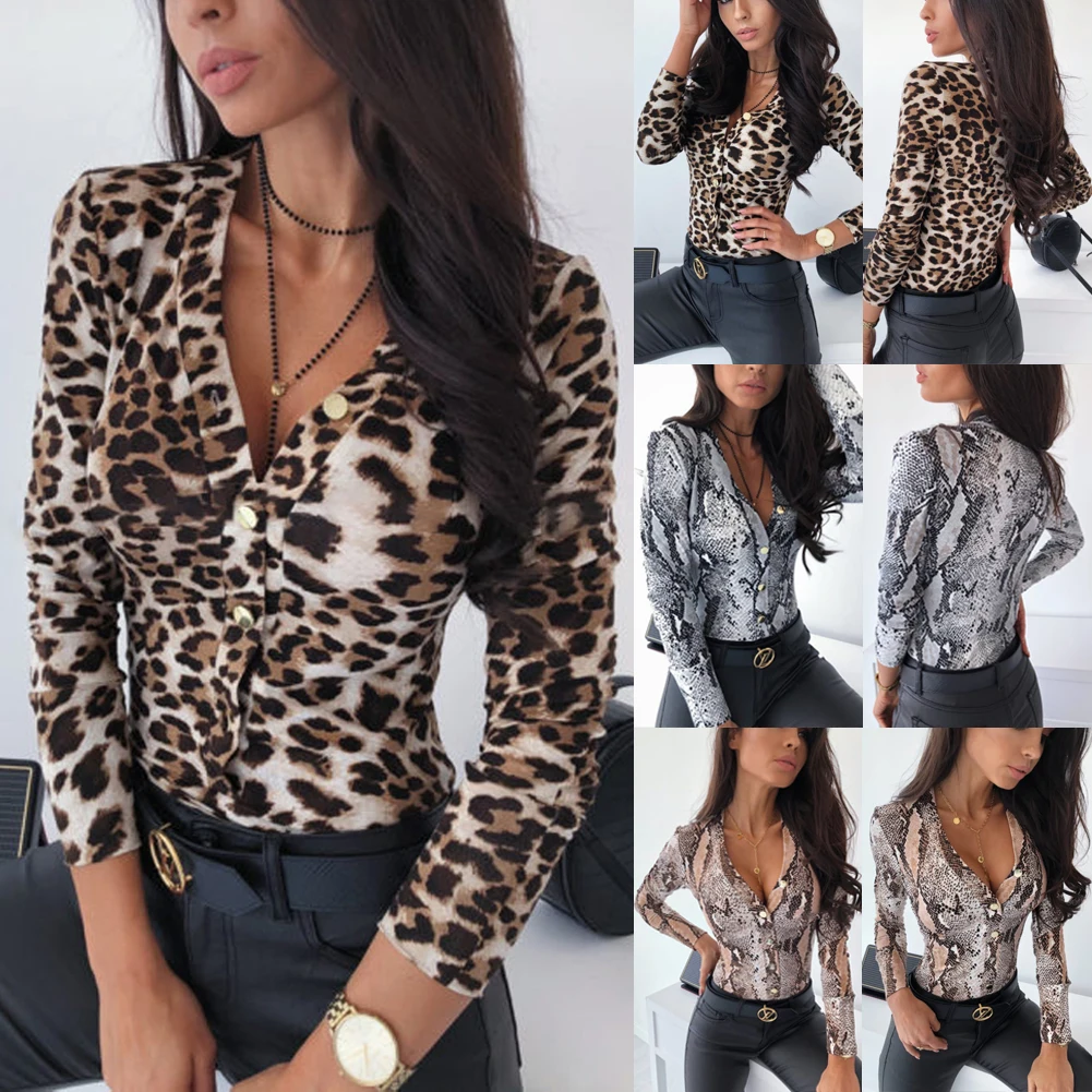 

Leopard Snakeskin Serpentine V Neck Bodysuit Women Autumn Long Sleeve Button Leotard Romper Top Slim Skinny Fit Playsuit