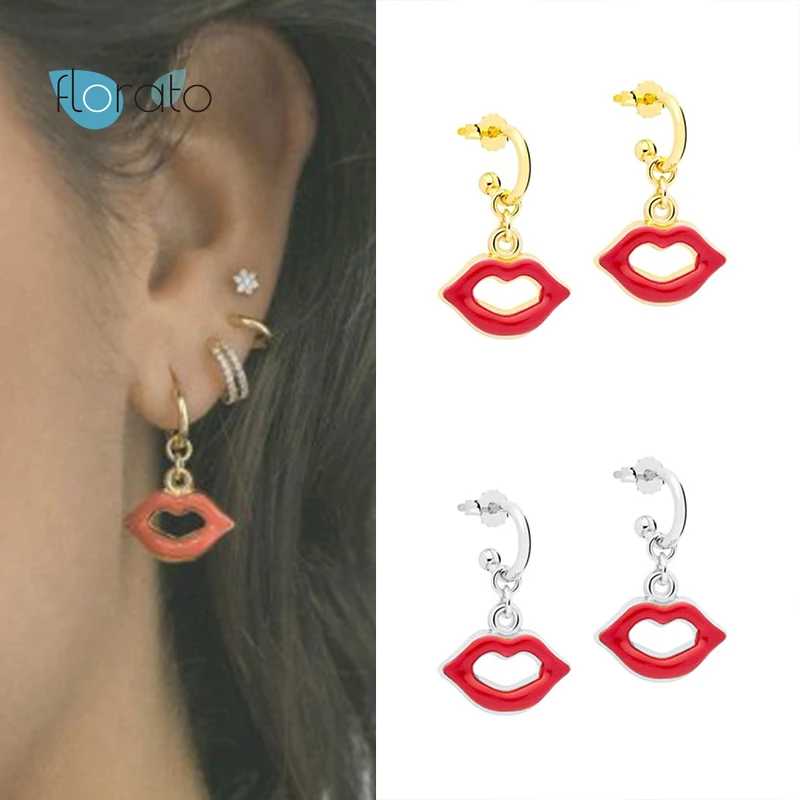 

925 Silver Ear Needle Sexy Red Lips Pendent Stud Earrings For Women Gold Silver Color CZ Huggie Earrings Fashion Party Jewelry