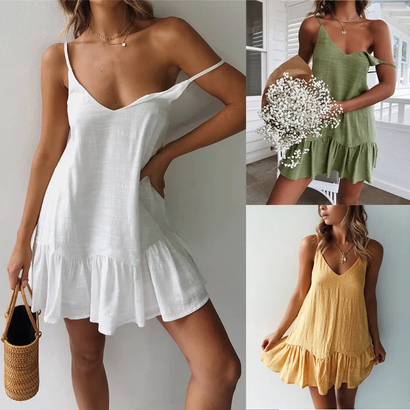 

Women Summer Dress Sexy Sling V-Neck Halter Solid Color Cotton Ruffled White Beach Mini Dresses For Woman Vestidos Female Robes