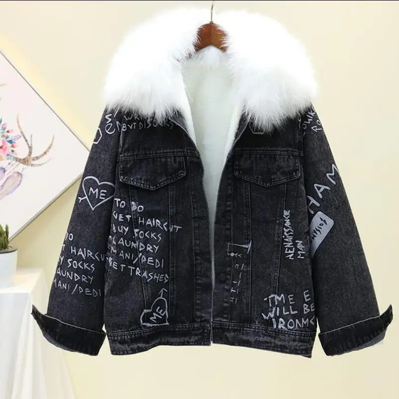 Зимняя женская куртка новинка 2019 свободная граффити натуральный мех воротник