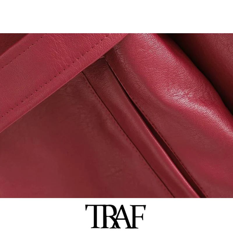 

TRAF Women Fashion With Belt Faux Leather Jacket Coat Vintage Long Sleeve Pockets Female Outerwear Chic Tops