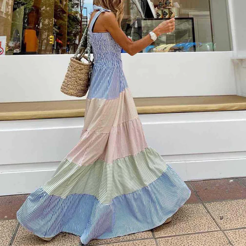 

Women Pleated Sleeveless Maxi Beach Dress Summer Elegant Off Shoulder Bow Sling Party Dress Lady Fashion Striped Patchwork Dress