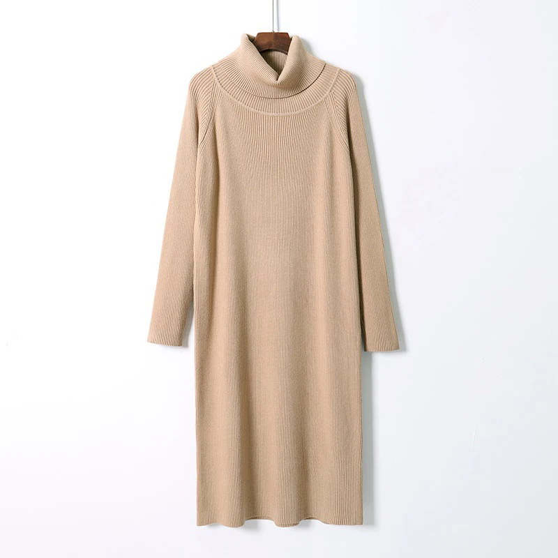 

Autumn Winter Women Dress Basic Turtleneck Pullover Sweater Top Slim Fit Knitted Long Midi Dress RibbedVestidos Feminino