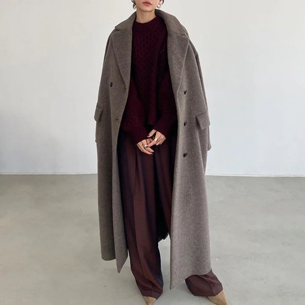 Фото Женское длинное пальто винтажное однотонное двубортное для офиса Повседневная