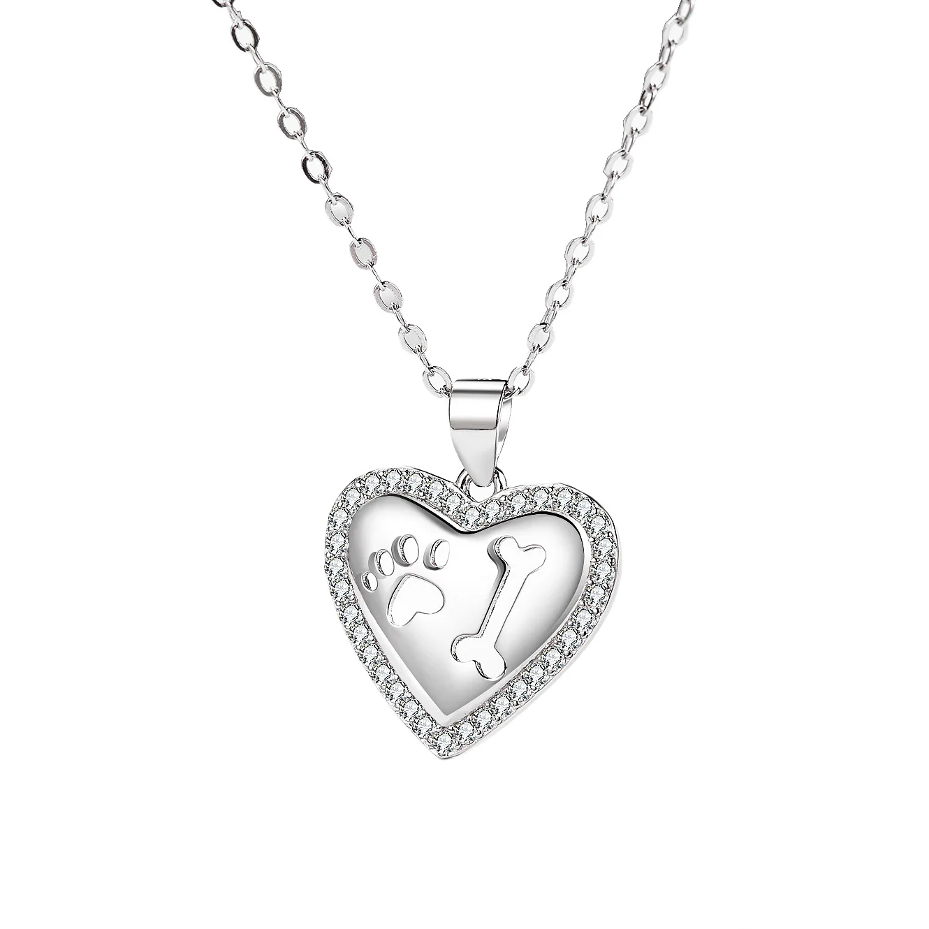 

FEC22 Sterling Silver 925 Heart Necklace Pet Paw Print Bone Pendant Necklace Jewelry 925 Silver Necklace