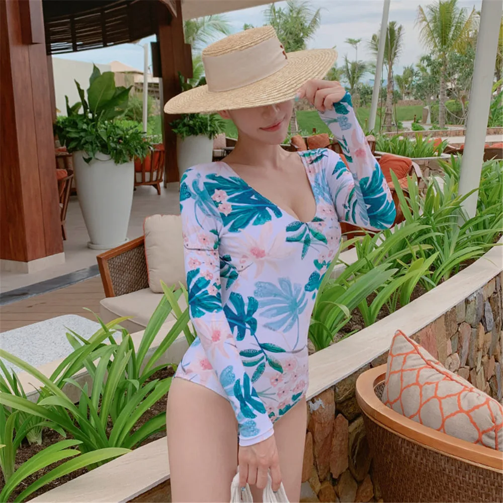 Женский купальник с длинным рукавом принтом листьев v-образным вырезом высокой