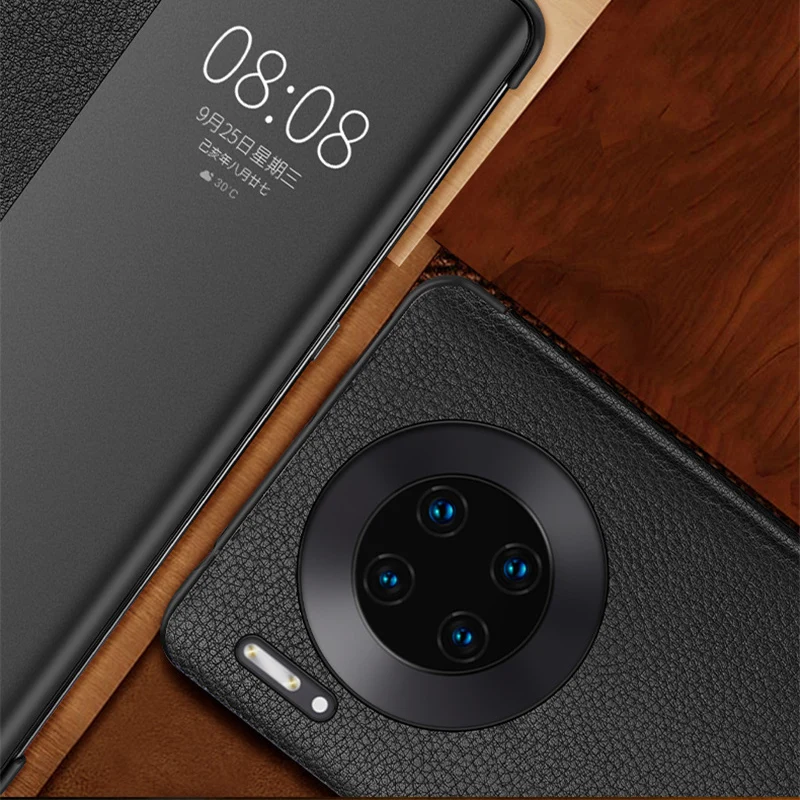 

Intelligent Sleep Flip Cover Case For Huawei Mate 30 Pro Window View Litchi Texture Genuine Leather Phone Bags Stand Coque