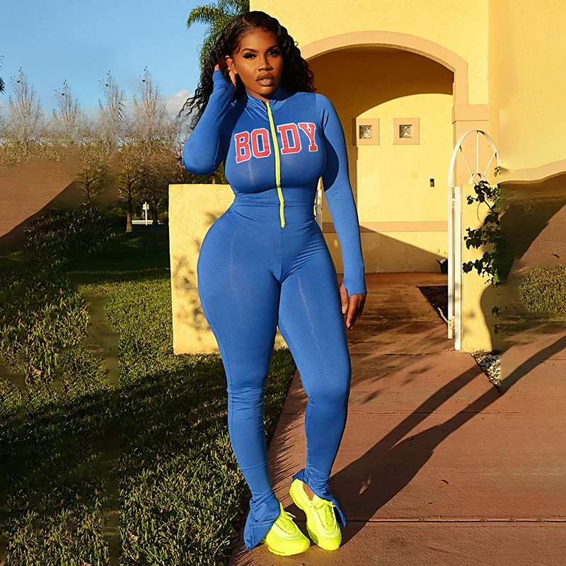 

Casual Skinny Sporty Clothes 2021 Letter Print Rompers Womens Jumpsuit Long Sleeve Zipper Workout Active Wear Slit Jumpsuits