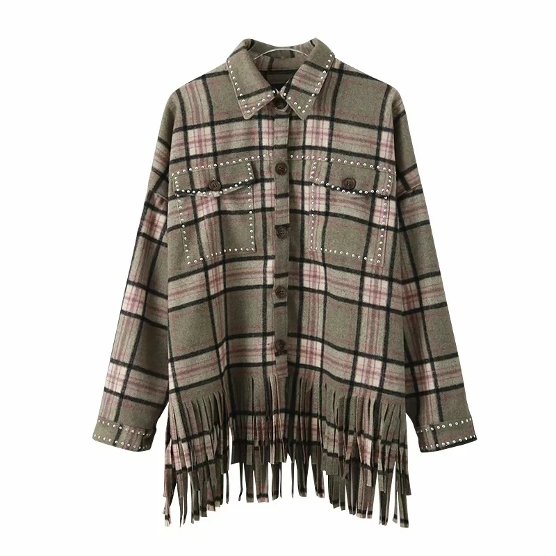 

Vintage Chic Green Plaid Tassel Shirt Jacket Women Fashion Rivet Pockets Single Breasted Lapel Collar Coat Outerwear