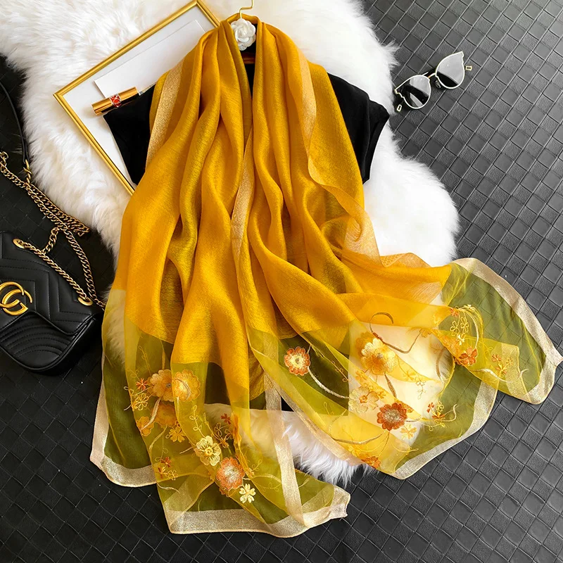

Fashion Lady Keep Warm Suncreen Scarf Embroidered Flower New Silk Wool Scarf Korean Style Four Seasons Shawl Pure Color Scarf