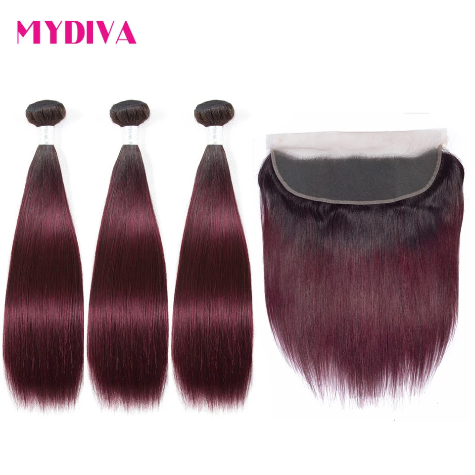 Бразильские прямые пучки волос с фронтальным не Реми человеческие бордовым