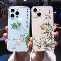 bamboo leaves bird chinese style phone case for iphone 13 12 11 pro max mini 6 6s 7 8 plus se2020 x xr xs shell transparent case