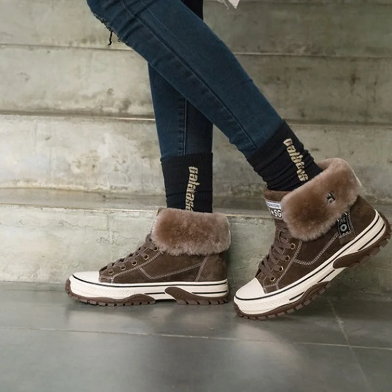 Зимние Повседневные меховые кроссовки женская обувь на плоской платформе