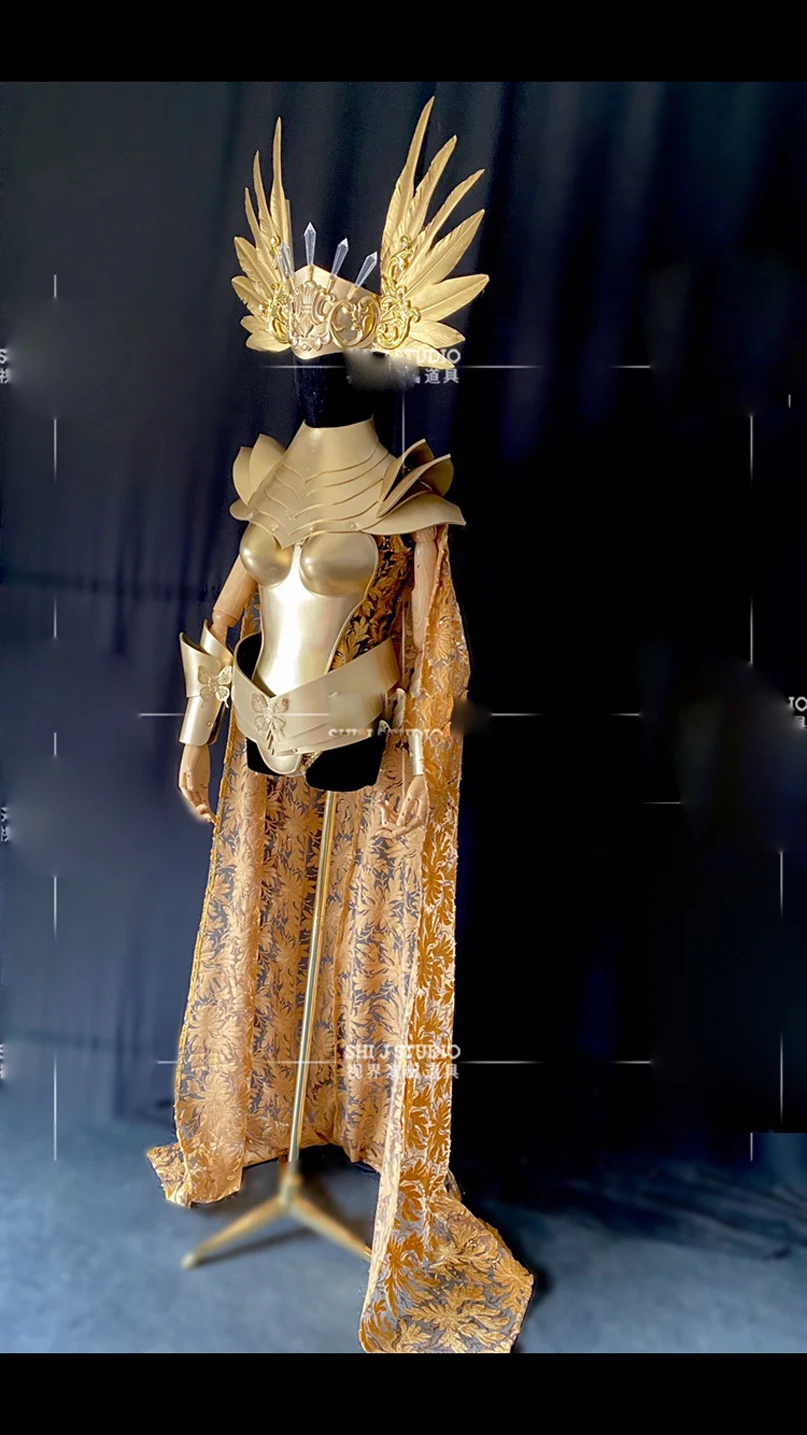 

Halloween party gold cosplay costume Gold armor headress sexy women stage show wear women gogo party dance wear
