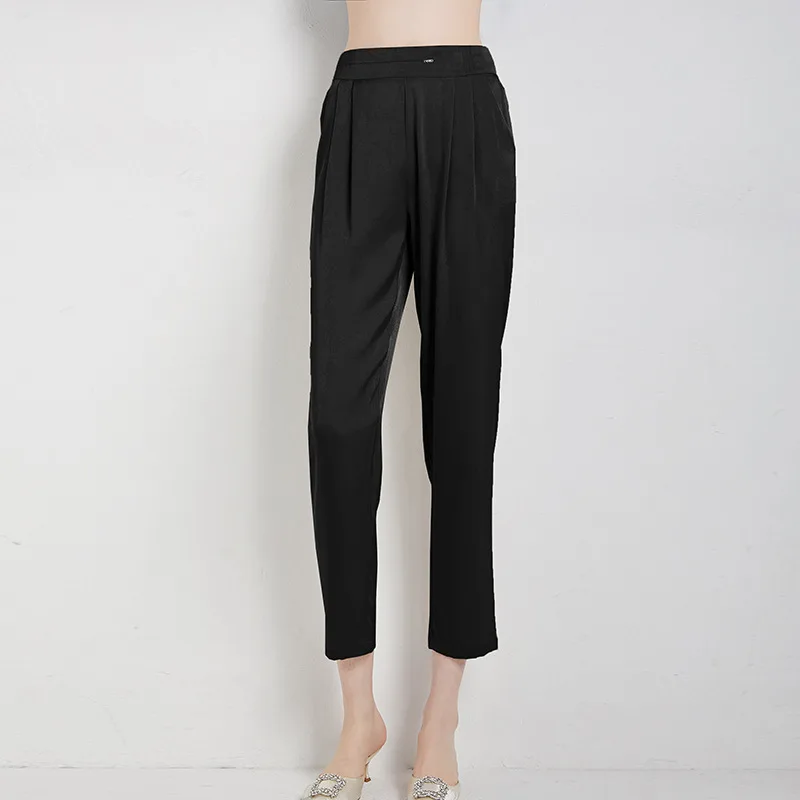 Mulberry Silk Harlan pants women summer elastic waist casual pants mulberry silk ankle-length trousers summer 20125
