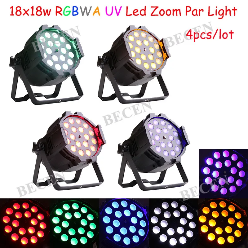 

BECEN 4pcs Power in and out 18x18w rgbwa uv 6in1zoom Led Par 64 light 10-60 degree US Shipping
