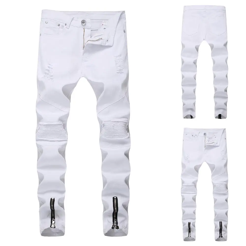 

Mens Pleated Skinny Jeans Plus Size Slim Fit Ripped Long Pants Casual Distressed Zippered Trousers White