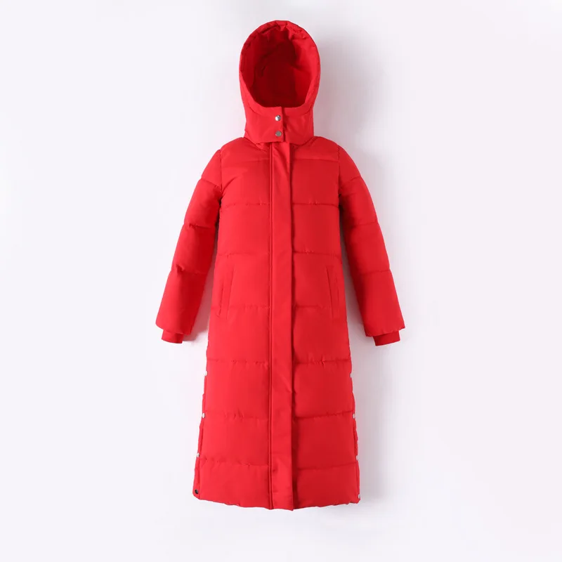 Women Winter X-Long Jacket Windproof Warm Hooded BIO Down Coat Oversize Fashion Long Sleeve Cotton Thick Side Split Padded Parka